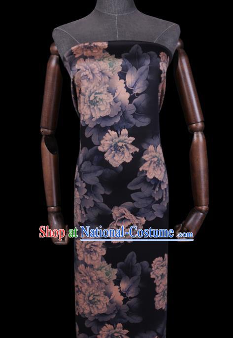 Chinese Classical Peony Pattern Black Watered Gauze Traditional Gambiered Guangdong Silk Cheongsam Fabric