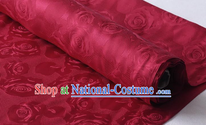 Chinese Traditional Cheongsam Jacquard Cloth Classical Hollowed Rose Pattern Damask Fabric Wine Red Silk Drapery