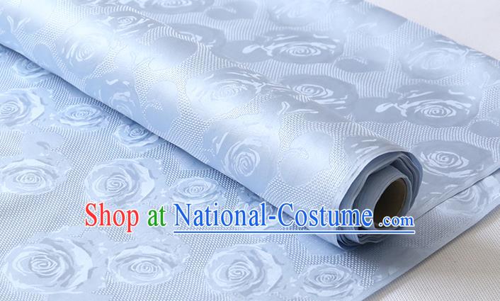 Chinese Classical Hollowed Rose Pattern Damask Traditional Jacquard Cloth Fabric Cheongsam Light Blue Silk Drapery