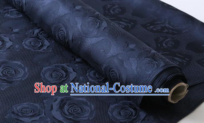 Chinese Traditional Navy Jacquard Cloth Fabric Classical Hollowed Rose Pattern Damask Cheongsam Silk Drapery