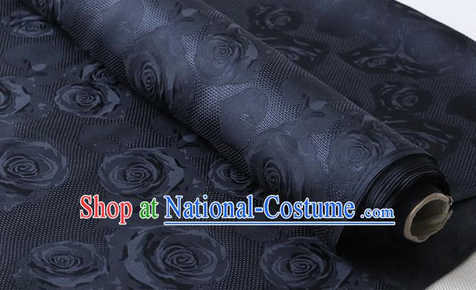 Chinese Classical Hollowed Rose Pattern Damask Cheongsam Silk Drapery Traditional Dark Navy Jacquard Cloth Fabric