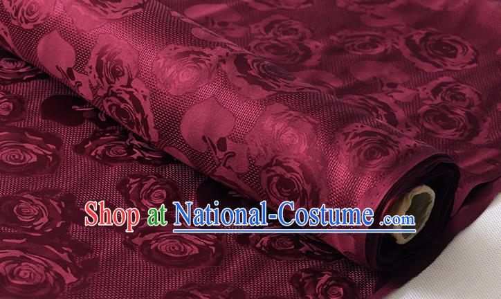 Chinese Traditional Jacquard Cloth Fabric Dark Red Damask Cheongsam Classical Hollowed Rose Pattern Silk Drapery