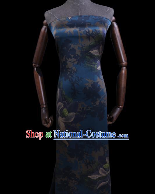 Chinese Traditional Cheongsam Cloth Navy Weave Satin Fabric Classical Lotus Pattern Silk Drapery