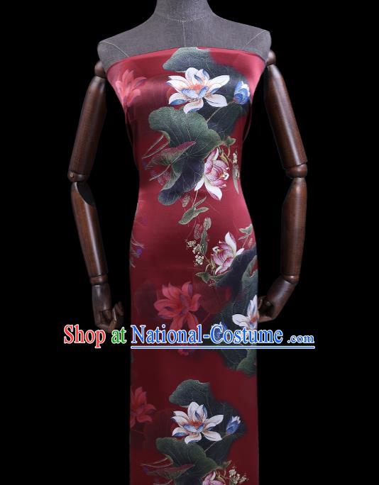 Chinese Traditional Red Weave Satin Fabric Classical Lotus Pattern Silk Drapery Cheongsam Cloth