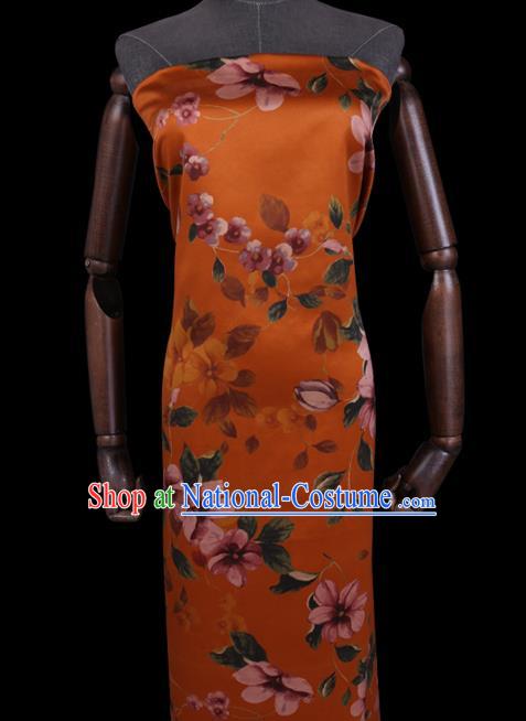 Chinese Traditional Gambiered Guangdong Silk Classical Flowers Pattern Watered Gauze Cheongsam Orange Satin Fabric