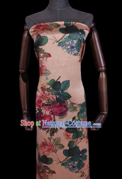 Chinese Traditional Classical Roses Pattern Gambiered Guangdong Silk Cheongsam Satin Fabric Beige Watered Gauze