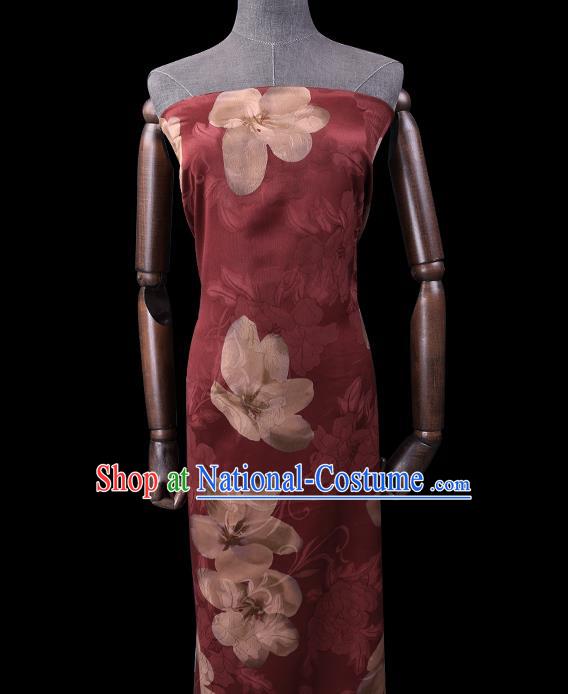 Chinese Classical Flowers Pattern Wine Red Gambiered Guangdong Silk Traditional Cheongsam Satin Fabric Watered Gauze