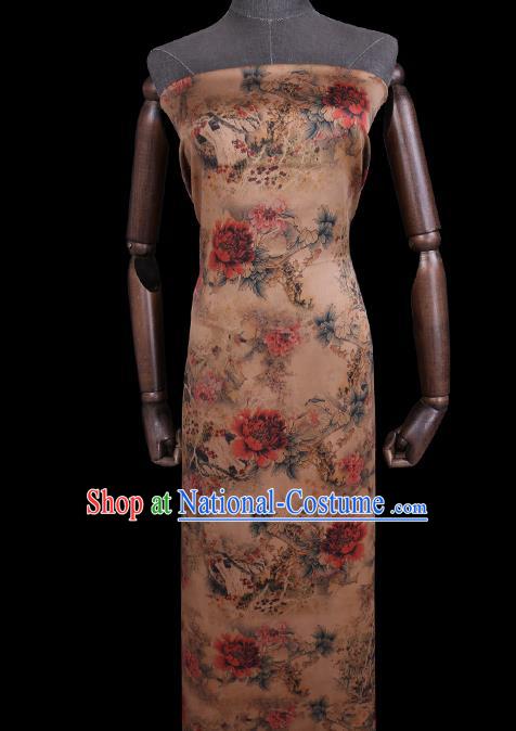 Chinese Classical Peony Flowers Pattern Gambiered Guangdong Silk Traditional Cheongsam Satin Fabric Beige Watered Gauze