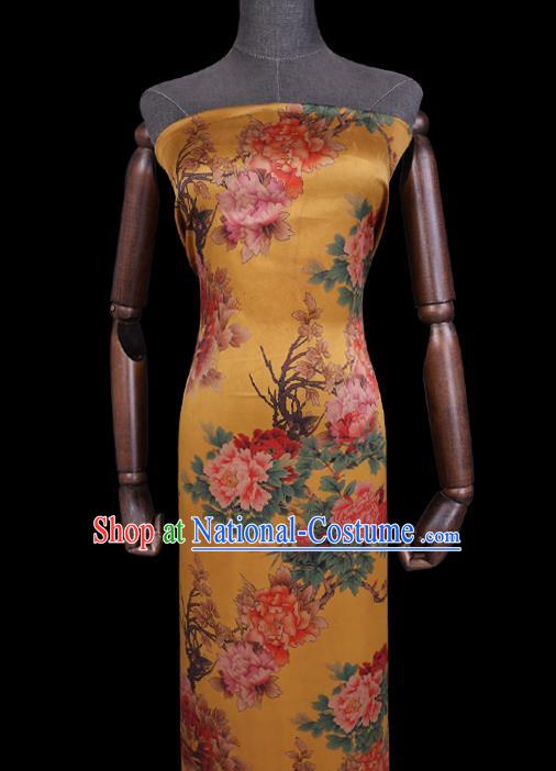 Chinese Classical Peony Pattern Yellow Satin Fabric Traditional Cheongsam Watered Gauze Gambiered Guangdong Silk