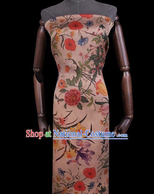 Chinese Classical Camellia Pattern Satin Fabric Traditional Cheongsam Gambiered Guangdong Silk Watered Gauze