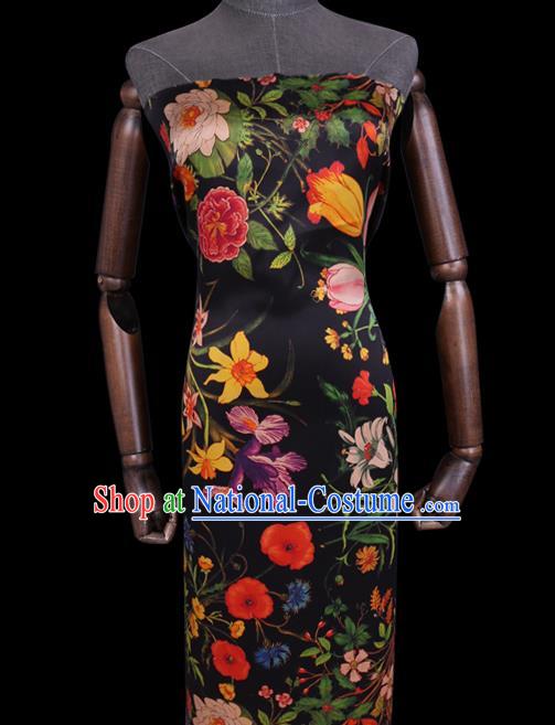 Chinese Classical Camellia Pattern Black Gambiered Guangdong Silk Traditional Cheongsam Watered Gauze Satin Fabric