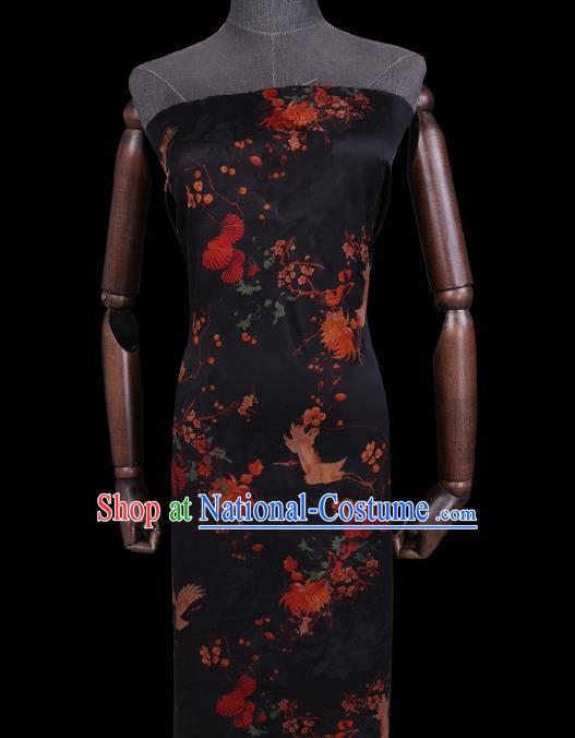 Chinese Traditional Cheongsam Watered Gauze Classical Chrysanthemum Crane Pattern Black Satin Fabric Gambiered Guangdong Silk