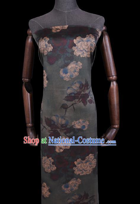 Chinese Classical Peony Pattern Atrovirens Satin Fabric Gambiered Guangdong Silk Traditional Cheongsam Watered Gauze