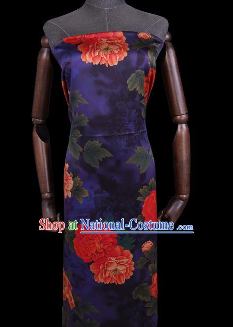 Chinese Classical Peony Pattern Deep Blue Silk Fabric Traditional Watered Gauze Gambiered Guangdong Silk Cheongsam Cloth