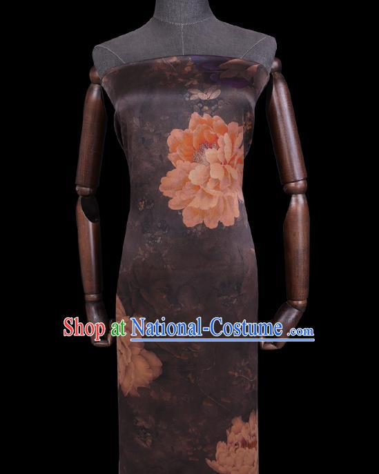 Chinese Traditional Watered Gauze Gambiered Guangdong Silk Cheongsam Cloth Classical Peony Pattern Grey Silk Fabric