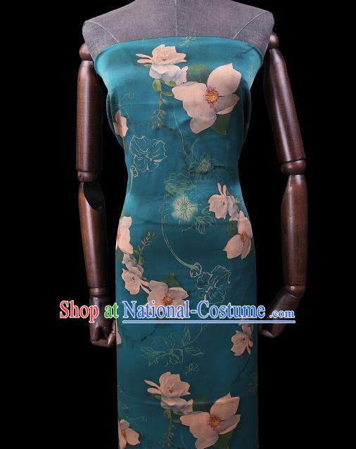 Chinese Classical Flowers Pattern Blue Gambiered Guangdong Silk Traditional Watered Gauze Cheongsam Silk Fabric