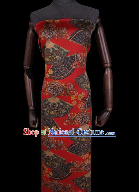 Chinese Classical Fans Pattern Red Gambiered Guangdong Silk Fabric Cheongsam Cloth Traditional Watered Gauze