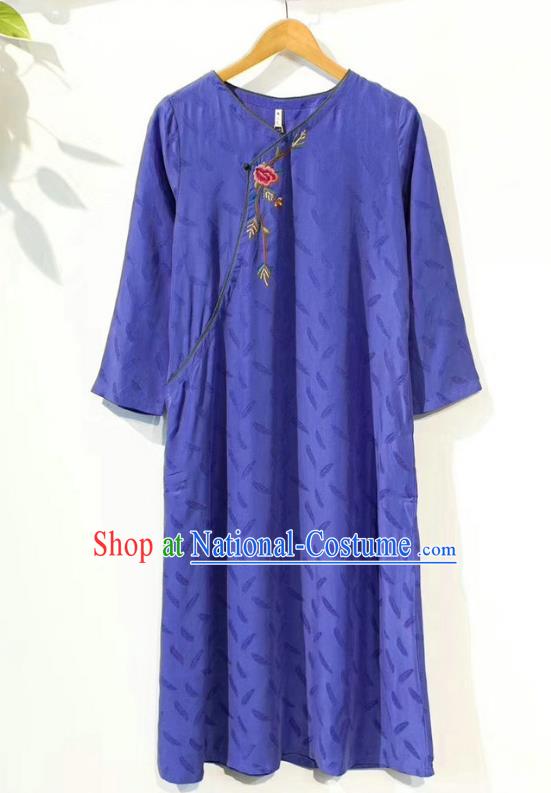 Chinese Women Slant Opening Cheongsam Traditional Embroidered Clothing National Blue Qipao Dress