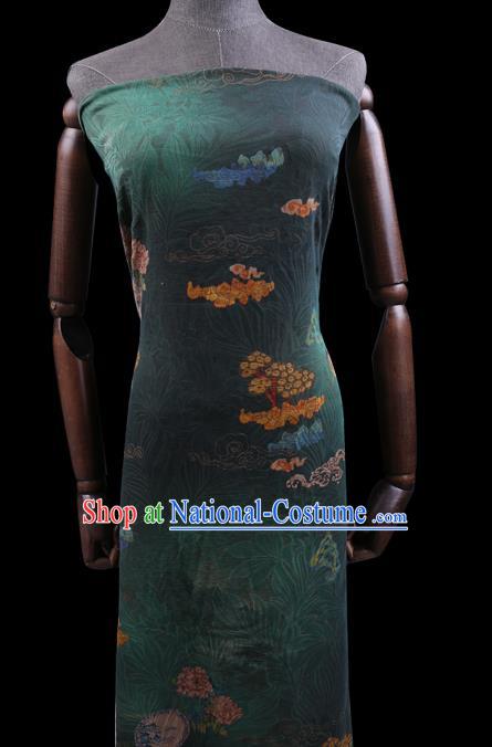 Chinese Classical Flowers Pattern Dark Green Gambiered Guangdong Silk Fabric Traditional Cheongsam Watered Gauze