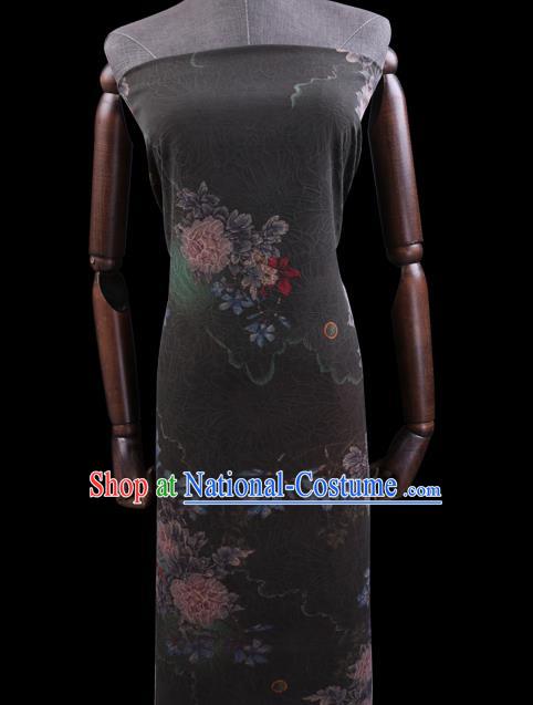 Chinese Traditional Cheongsam Watered Gauze Classical Flowers Pattern Black Gambiered Guangdong Silk Fabric