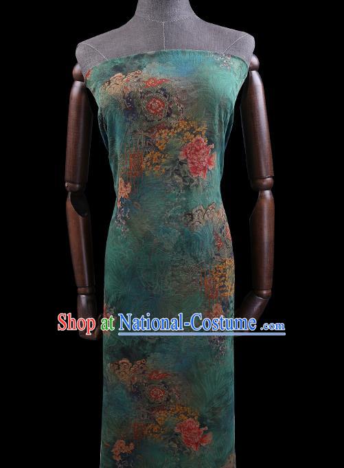 Chinese Traditional Green Silk Fabric Classical Peony Pattern Cheongsam Gambiered Guangdong Gauze