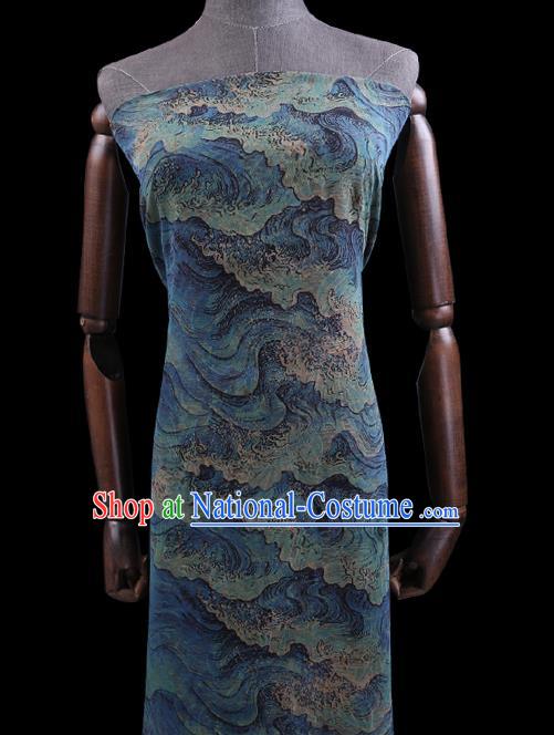 Chinese Traditional Classical Sea Wave Pattern Blue Gambiered Guangdong Gauze Cheongsam Silk Fabric