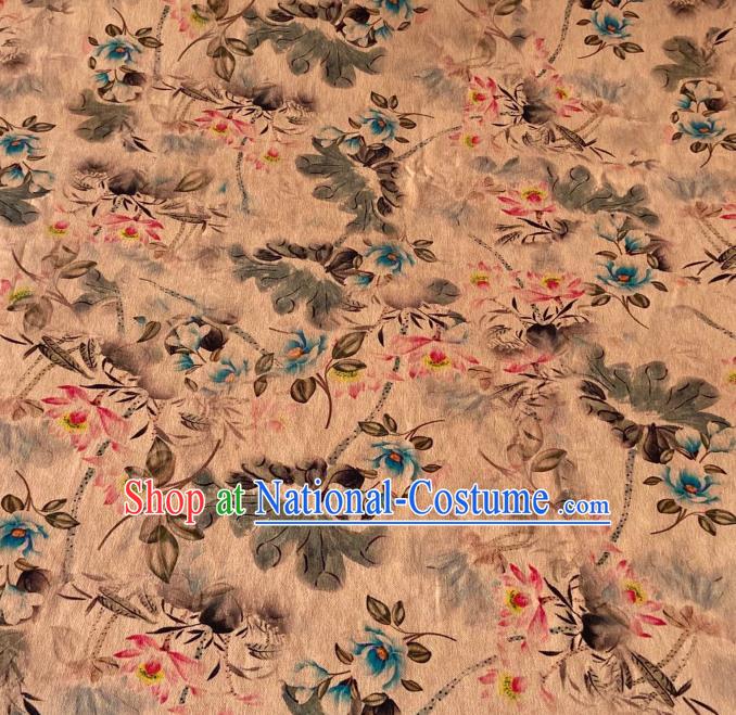 Chinese Classical Ink Lotus Pattern Gambiered Guangdong Gauze Traditional Cheongsam Beige Silk Fabric