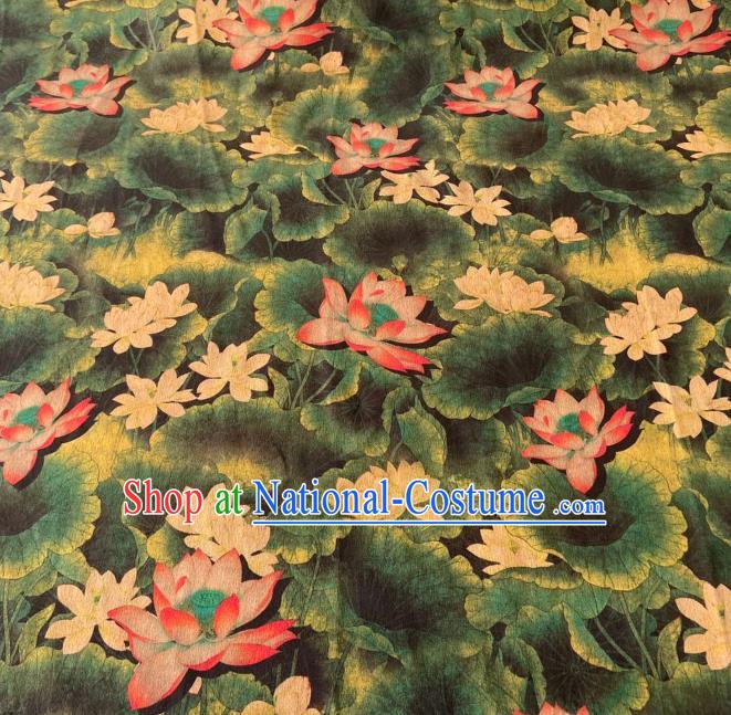 Chinese Classical Lotus Pattern Gambiered Guangdong Gauze Traditional Cheongsam Dark Green Silk Fabric