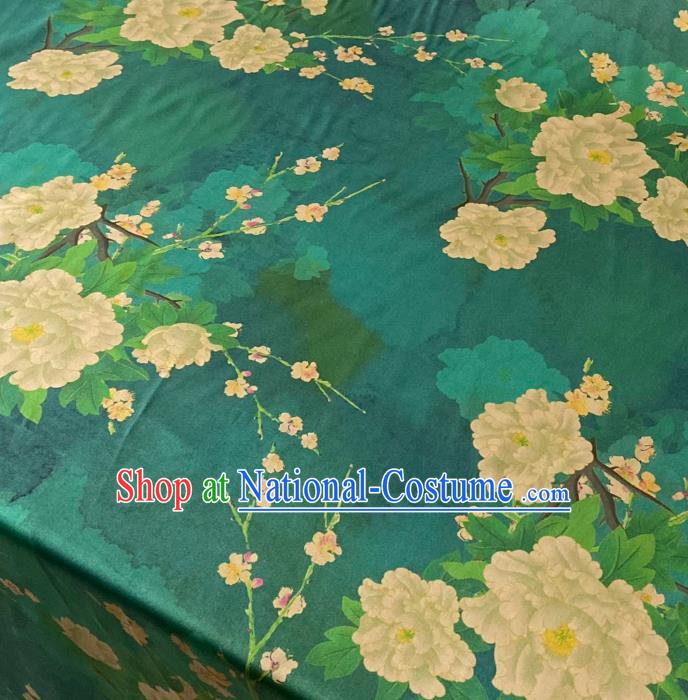 Chinese Traditional Green Watered Gauze Fabric Cheongsam Classical Peony Pear Blossom Pattern Gambiered Guangdong Silk