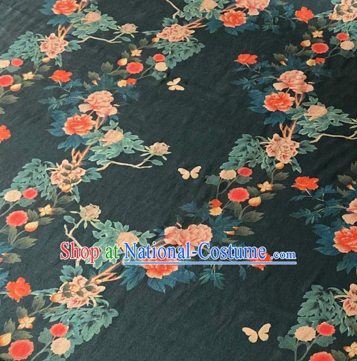 Chinese Traditional Atrovirens Watered Gauze Fabric Cheongsam Classical Rose Pattern Deep Green Gambiered Guangdong Silk