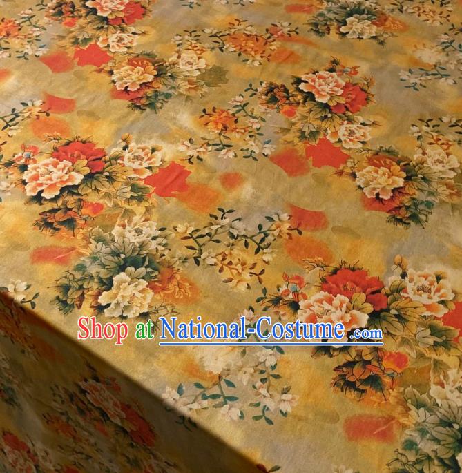 Chinese Cheongsam Classical Peony Pattern Gambiered Guangdong Silk Traditional Watered Gauze Yellow Satin Fabric