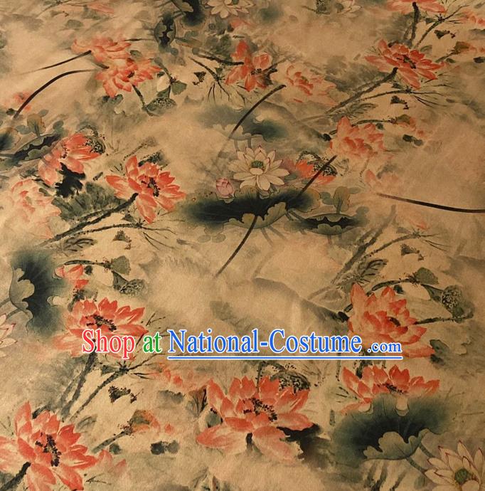 Chinese Classical Lotus Pattern Gambiered Guangdong Silk Traditional Watered Gauze Cheongsam Yellow Satin Fabric