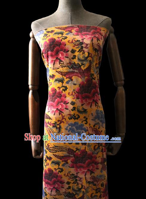 Chinese Classical Phoenix Peony Pattern Gambiered Guangdong Silk Traditional Cheongsam Yellow Satin Fabric Watered Gauze