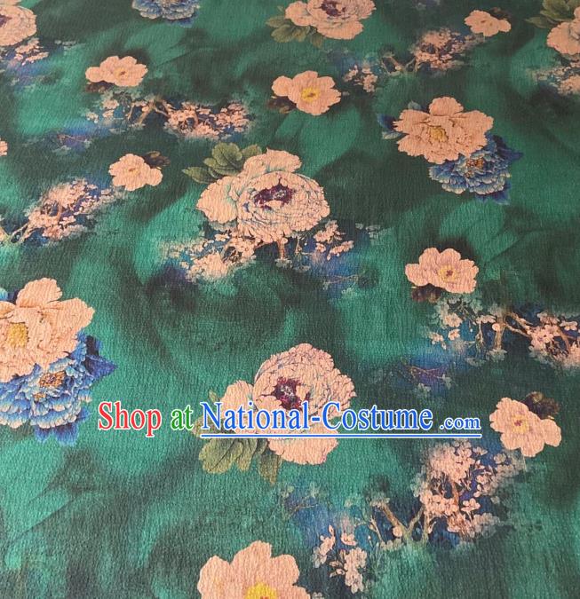 Chinese Classical Plum Peony Pattern Gambiered Guangdong Silk Traditional Cheongsam Green Watered Gauze Fabric