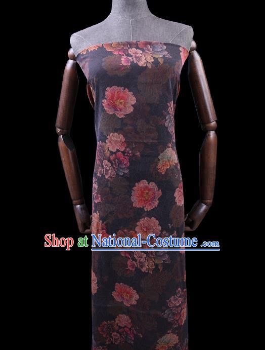 Chinese Cheongsam Damask Traditional Gambiered Guangdong Gauze Cloth Fabric Classical Peony Pattern Brown Silk Drapery