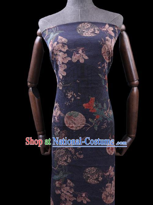 Chinese Traditional Gambiered Guangdong Gauze Cloth Fabric Classical Mangnolia Pattern Navy Silk Drapery Cheongsam Damask