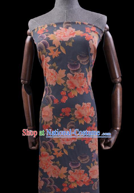 Chinese Classical Peony Pine Pattern Silk Drapery Cheongsam Damask Cloth Fabric Traditional Blue Gambiered Guangdong Gauze