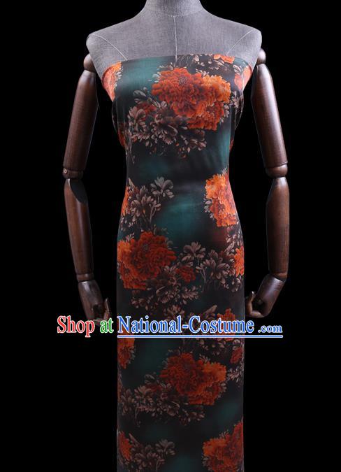 Chinese Classical Peony Pattern Deep Green Silk Drapery Traditional Gambiered Guangdong Gauze Cheongsam Cloth Fabric