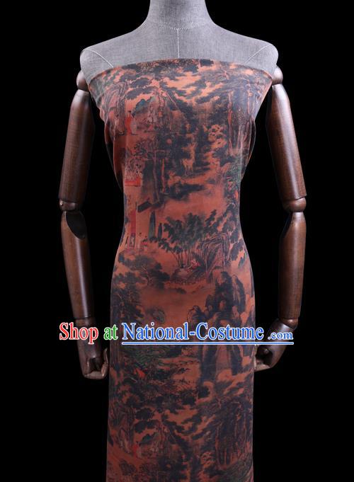 Chinese Traditional Brown Gambiered Guangdong Gauze Cheongsam Fabric Classical Landscape Pattern Silk Drapery