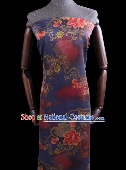 Chinese Traditional Deep Blue Gambiered Guangdong Gauze Cheongsam Fabric Classical Peony Flowers Pattern Silk Drapery