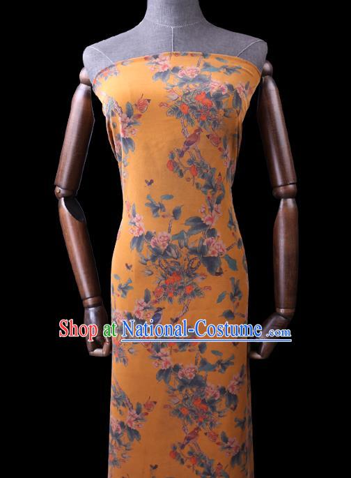 Chinese Classical Begonia Birds Pattern Silk Drapery Gambiered Guangdong Gauze Traditional Cheongsam Yellow Fabric