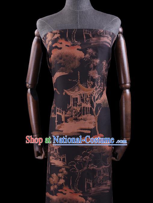 Chinese Classical Landscape Pattern Black Silk Drapery Traditional Cheongsam Silk Fabric Gambiered Guangdong Gauze