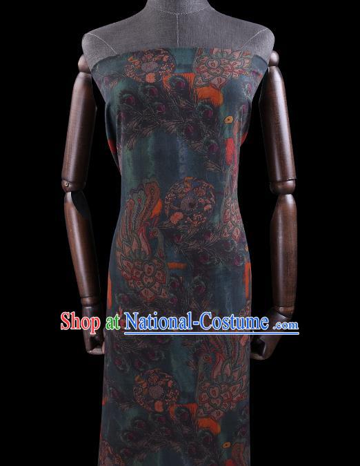 Chinese Classical Peacock Pattern Silk Drapery Traditional Cheongsam Silk Fabric Deep Green Gambiered Guangdong Gauze