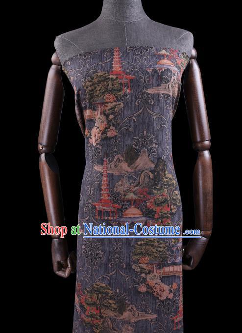 Chinese Classical Pagoda Pattern Silk Drapery Traditional Cheongsam Gambiered Guangdong Gauze Grey Silk Fabric