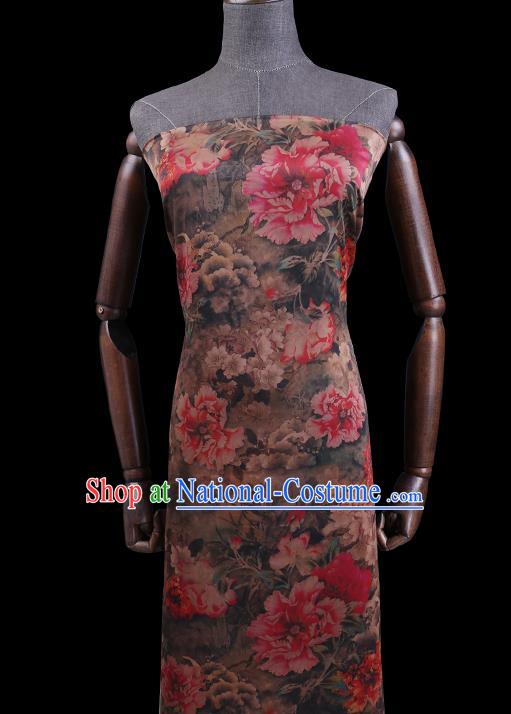 Chinese Brown Silk Drapery Classical Peony Pattern Satin Fabric Cheongsam Damask Traditional Gambiered Guangdong Gauze Cloth