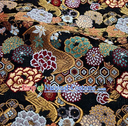 Asian Traditional Peony Chrysanthemum Pattern Design Brocade Japanese Kimono Fabric Nishijin Black Tapestry Satin