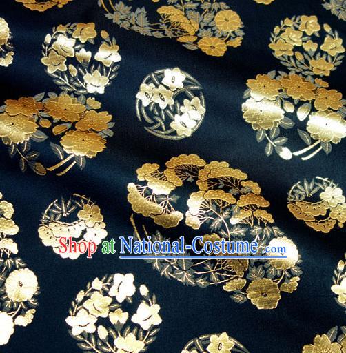 Asian Traditional Sakura Pine Pattern Design Brocade Japanese Kimono Fabric Nishijin Navy Tapestry Satin