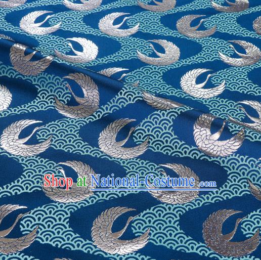 Asian Japanese Kimono Fabric Nishijin Tapestry Satin Traditional Crane Pattern Design Blue Brocade