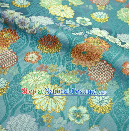 Japanese Traditional Chrysanthemum Pattern Design Brocade Asian Kimono Fabric Nishijin Blue Tapestry Satin