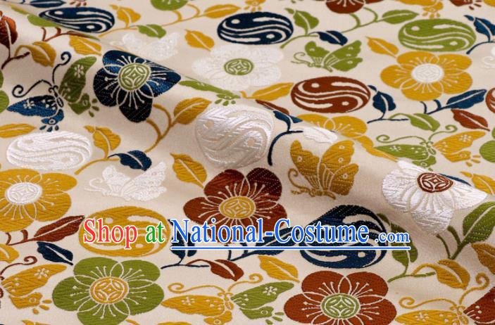 Japanese Traditional Butterfly Plum Pattern Design Brocade Nishijin Tapestry Satin Asian Kimono Beige Cloth Fabric